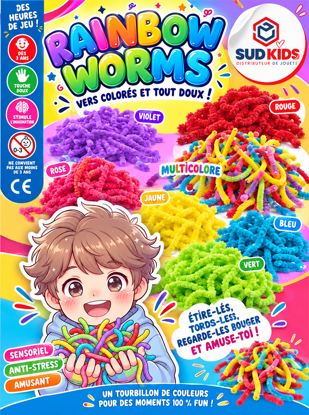 Capsules jouets 60mm - "RAINBOW WORMS"